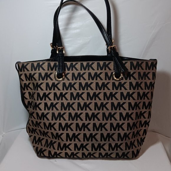 MICHAEL KORS Jet Set Signature Grab Bag Tote Tan/Black Jacquard and Leather - Picture 3 of 12